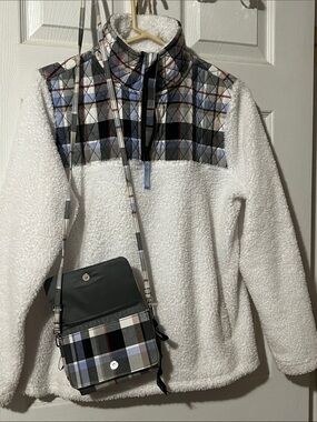 Vera Bradley White Sherpa Jacket with Plaid Light Blue Trim & matching crossbody